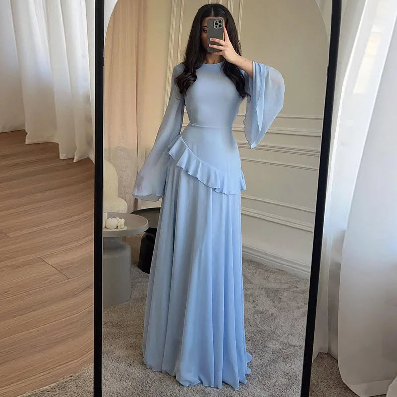 Flare Sleeve Maxi Dress With Ruffle Detail O Neck High Waist Pleated