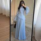 Flare Sleeve Maxi Dress With Ruffle Detail O Neck High Waist Pleated