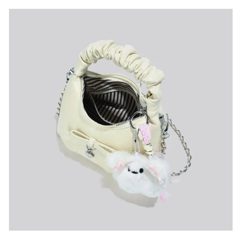 Cloudy Glamour Plush Pendant Shoulder Bag in Glossy Ruched Leather