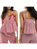 Women Plaid Tank Tops Spaghetti Strap Square Neck Peplum Cami Top Ruffle Smocked