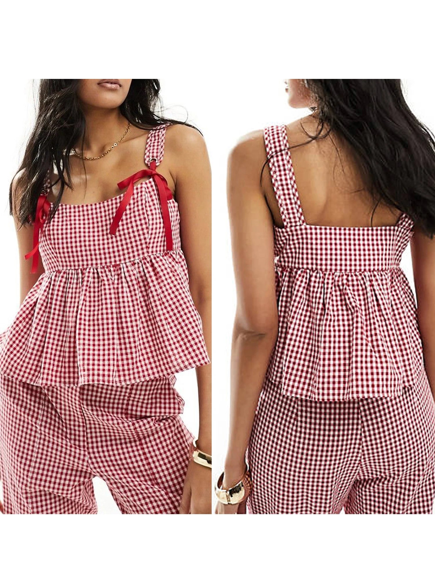 Women Plaid Tank Tops Spaghetti Strap Square Neck Peplum Cami Top Ruffle Smocked