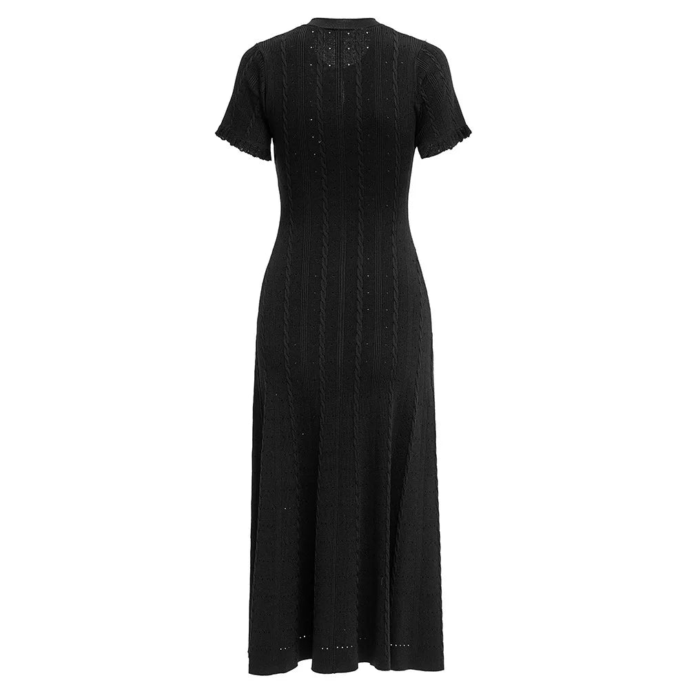 Knit Ribbed Bodycon Midi Dress With O Neck And Short Sleeves