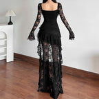Gothic Fairycore Lace A Line Dress With Flare Sleeves And Square Neck