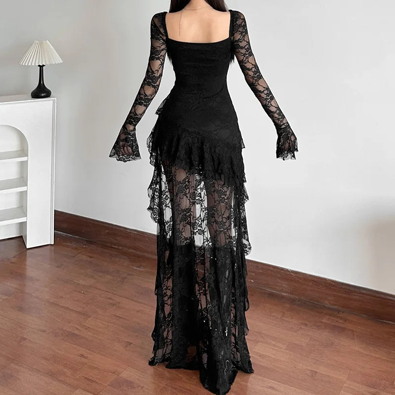 Gothic Fairycore Lace A Line Dress With Flare Sleeves And Square Neck