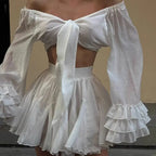 V Neck Lace Up Top Two Piece Set With Pleated Short Skirt For Modern Evening Elegance