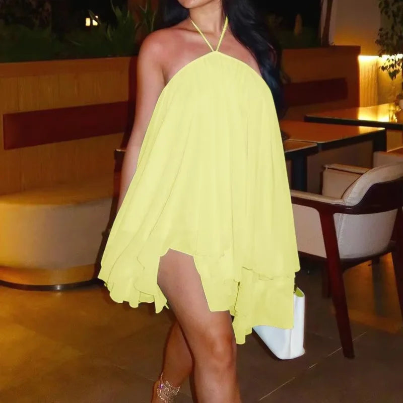 Halter Ruffles Dress Strapless Sleeveless Backless