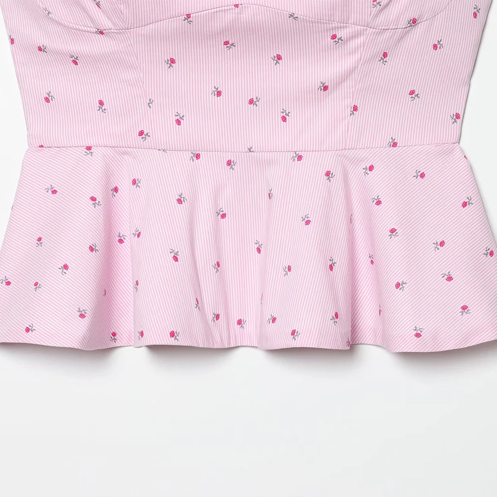 Pink Printed Pleated Backless Zipper Tops Vintage Straps Square Collar Camis Top
