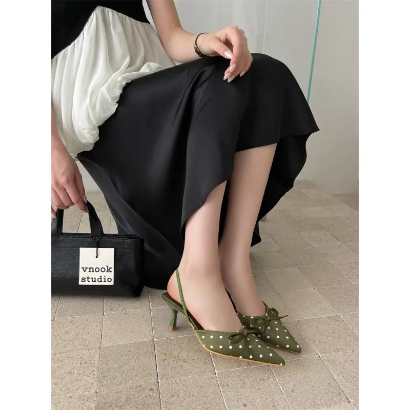 Satin Butterfly Polka Dot Pointed Toe Mules For Women Low Heel Pumps