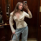 Lace Splicing Female Chic Bow Lace-up V Neck Short Sleeve Shirt