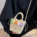 Straw Woven Shoulder Bag With Floral Details