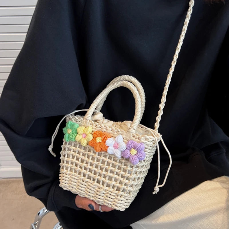 Straw Woven Shoulder Bag With Floral Details