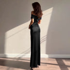 Retro Off Shoulder Satin Dress With Panel Back A Line Silhouette Long