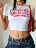Retro Letter Pattern Round Neck Tee With Striped Short Sleeves