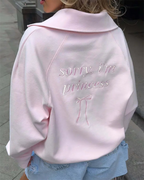 Fashion Women Pink Sweatshirt Vintage  Pullover Loose Half Zip Letter Embroidery Outwear