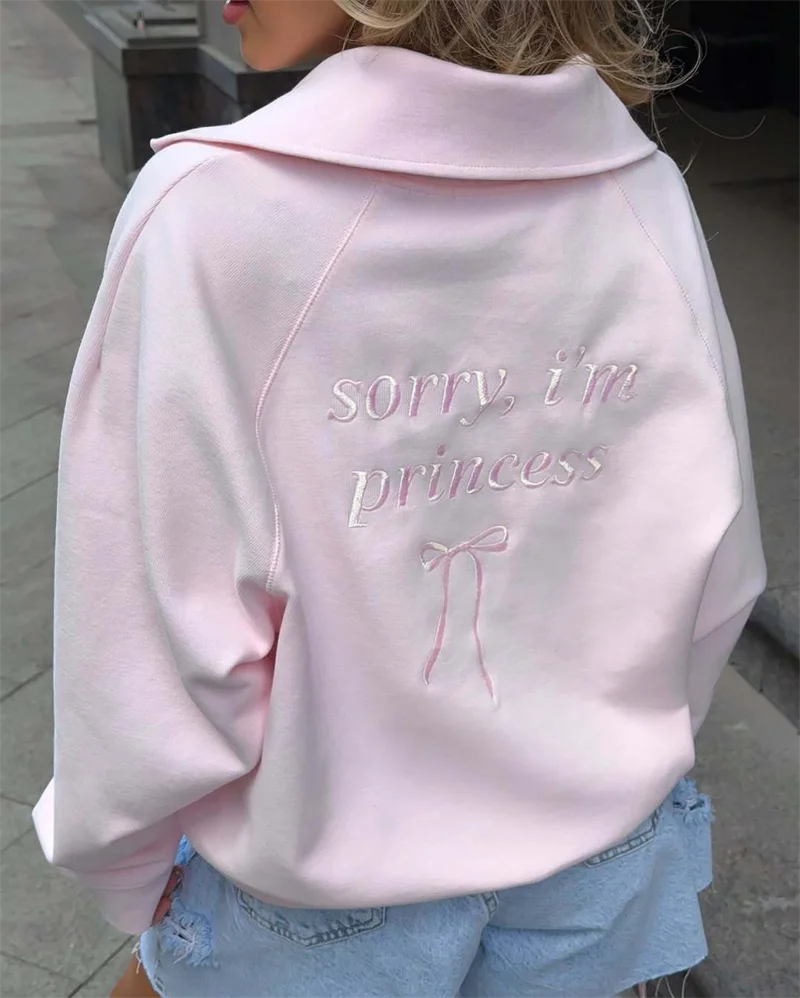 Fashion Women Pink Sweatshirt Vintage  Pullover Loose Half Zip Letter Embroidery Outwear