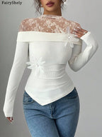 Mesh Patchwork Bodycon Top With Long Sleeve White Sleek Sexy Slim Fit