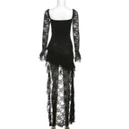 Gothic Fairycore Lace A Line Dress With Flare Sleeves And Square Neck