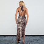 Leopard Print Turtleneck Sleeveless Backless Maxi Dress With Cutout Slit