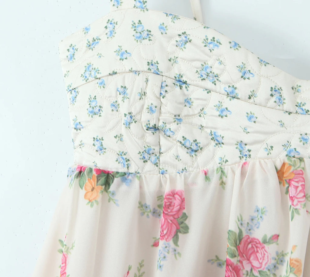 Contrast Color Floral Print Sling Mini V neck Spliced Chest Push Up Back Backless Short Dress