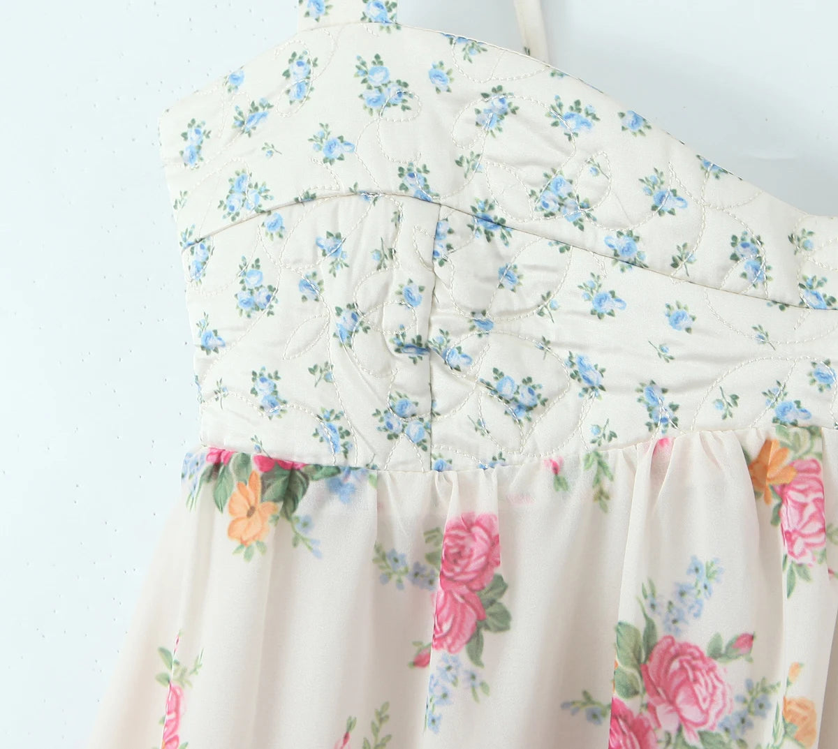Contrast Color Floral Print Sling Mini V neck Spliced Chest Push Up Back Backless Short Dress