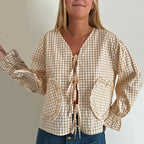 Vintage V Neck Crop Top With Front Tie And Puff Sleeves