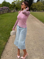 Blush Pink Polka Dot Lightweight Long Sleeve Tee O Neck Top