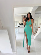 Elegant Beach Knit Maxi Dress With Side Slit V Neck Open Back