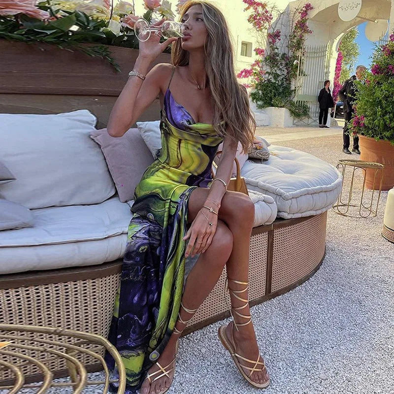 Floral Backless Strapless Maxi Dress With High Front Slit