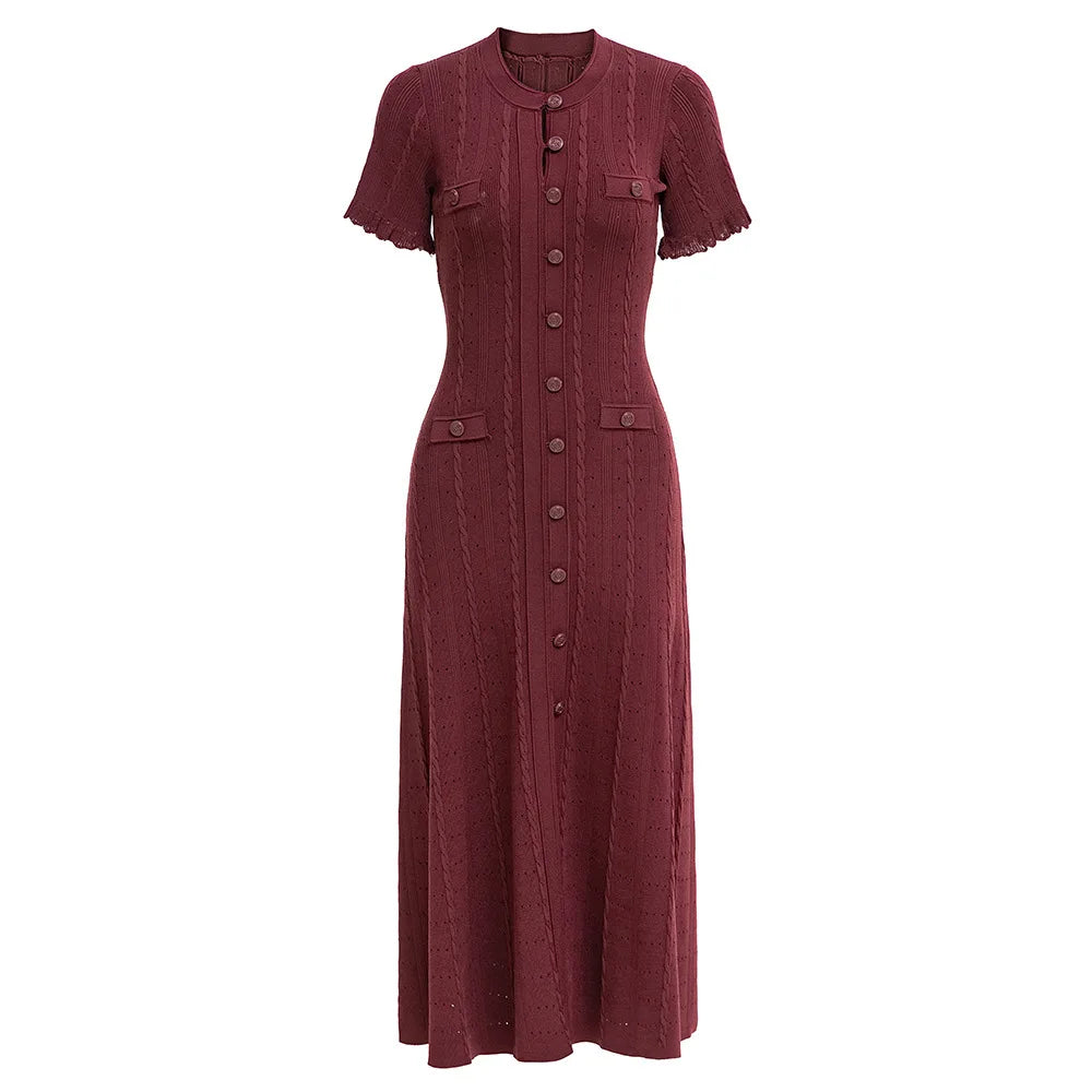 Knit Ribbed Bodycon Midi Dress With O Neck And Short Sleeves