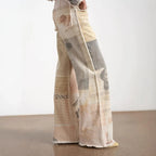 Women's Off White Wide Leg Jeans American Retro Loose Fit Printed Design Floor Length Denim Pants High Waist Trousers