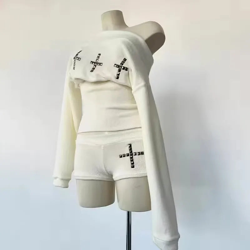 Gothic Punk Streetwear Two Piece Set With Rivet Details For Women Vintage Rock Inspired Outfit