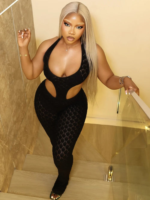 Black Crochet Cutout Jumpsuit Halter Backless See Through High Waist