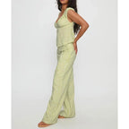 Striped Set With Backless V Neck Crop Top And Bow Belted Straight Pants
