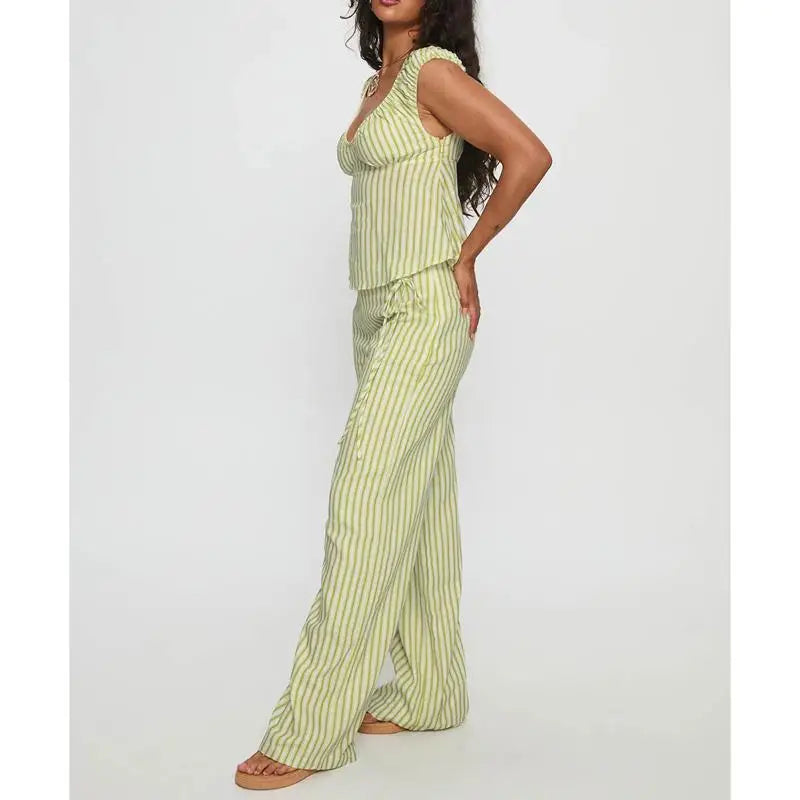 Striped Set With Backless V Neck Crop Top And Bow Belted Straight Pants