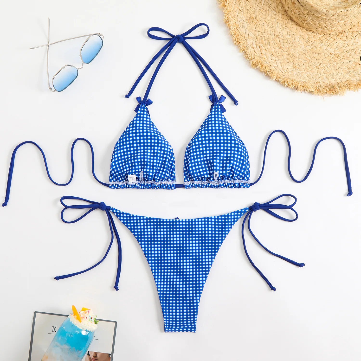 Plaid Dot Swimsuit With Neck Bow Tie Vintage Beachwear