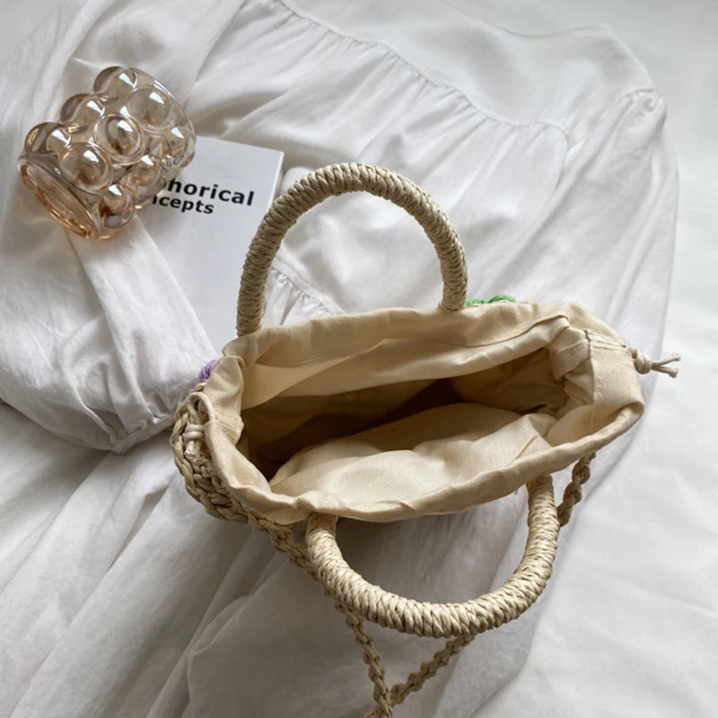 Straw Woven Shoulder Bag With Floral Details