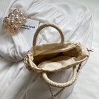 Straw Woven Shoulder Bag With Floral Details