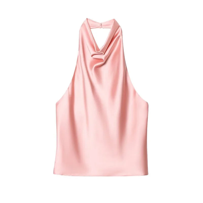Elegant Satin Backless Halter Top For Women Off Shoulder