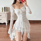 Gothic Fairycore Lace A Line Dress With Flare Sleeves And Square Neck