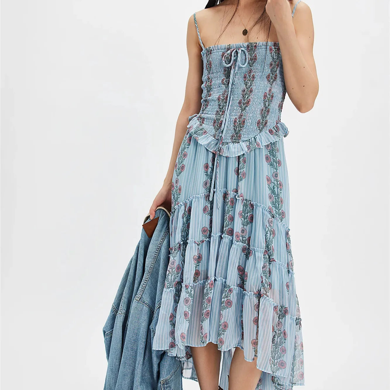 Women Floral Cami Dress Smocked Square Neck Spaghetti Strap Backless Tiered Ruffled High Low Midi Dress