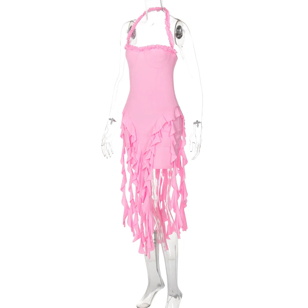 Elegant Halter Backless Ruffles Mini Dress Slim Fit With Tassel Detail