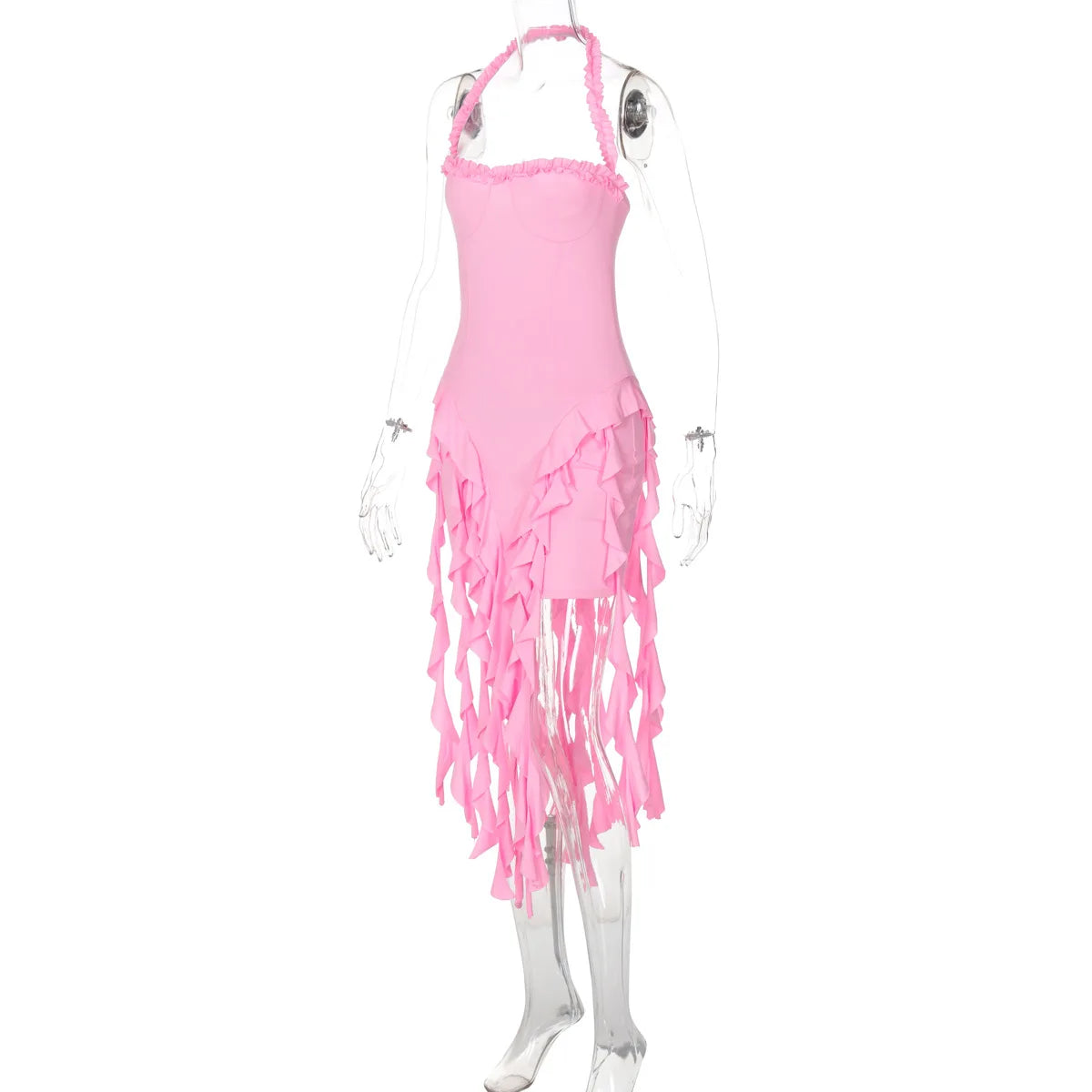 Elegant Halter Backless Ruffles Mini Dress Slim Fit With Tassel Detail
