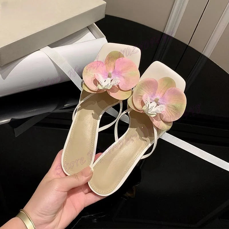 Elegant Floral Leather Slippers With Matte Square-Toe