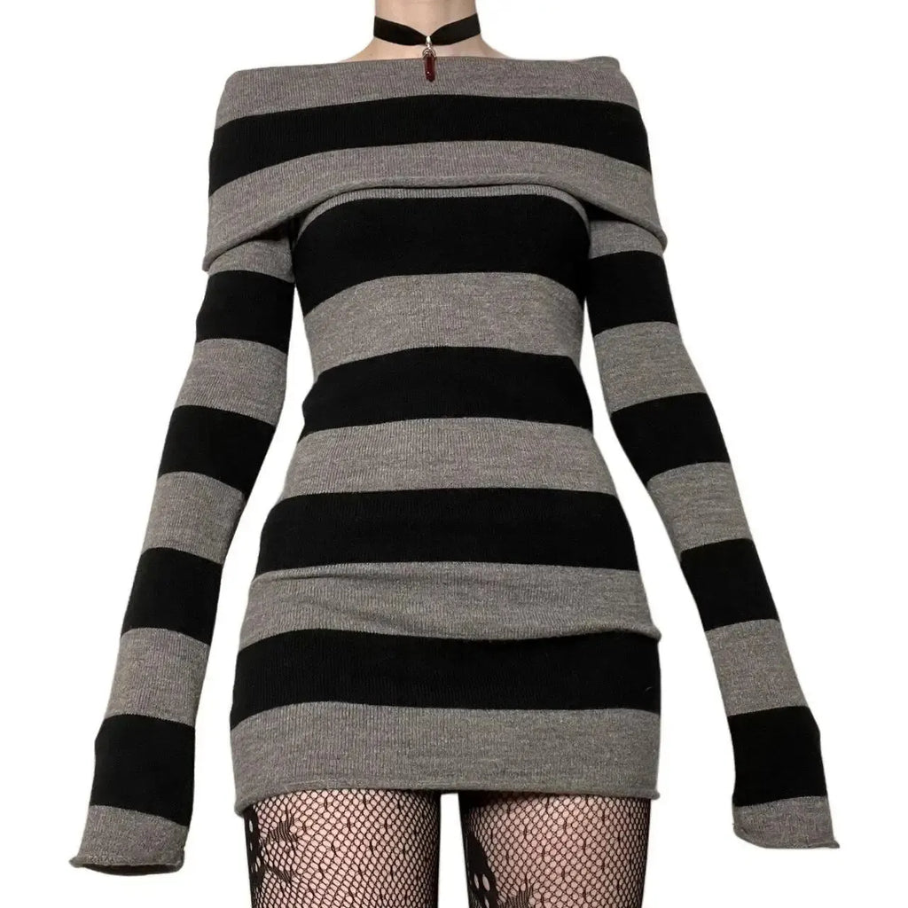 Striped Mini Bodycon Dress With Boat Neck And Off Shoulder