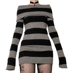 Striped Mini Bodycon Dress With Boat Neck And Off Shoulder