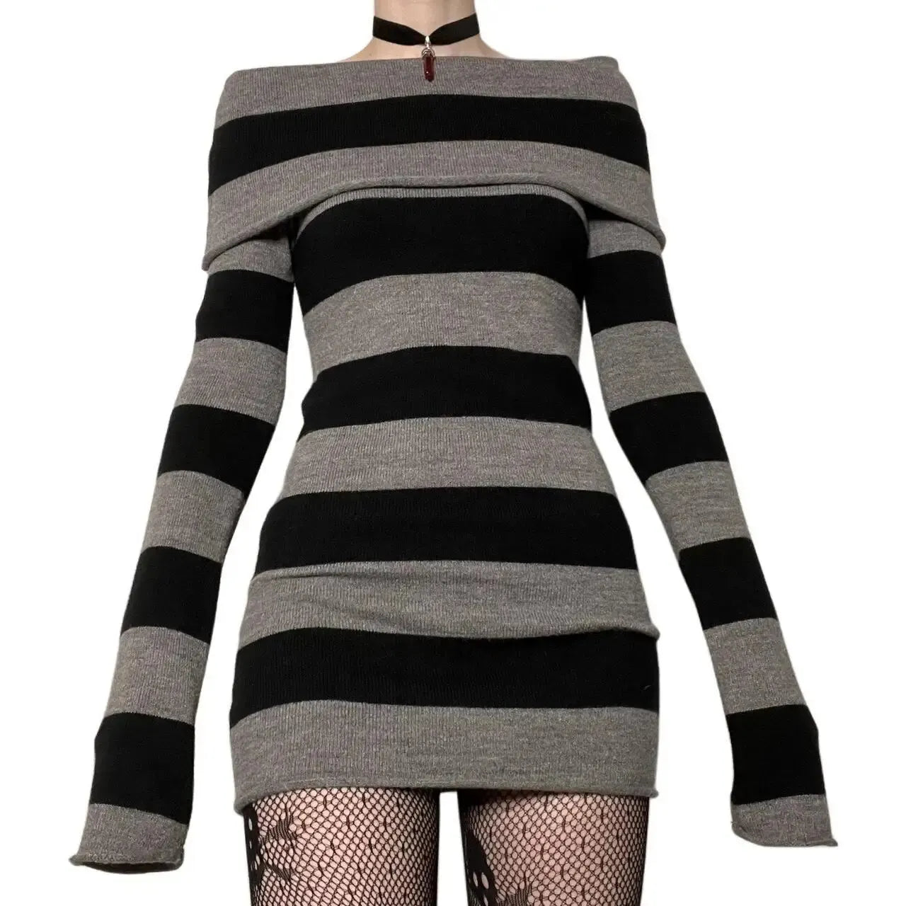 Striped Mini Bodycon Dress With Boat Neck And Off Shoulder