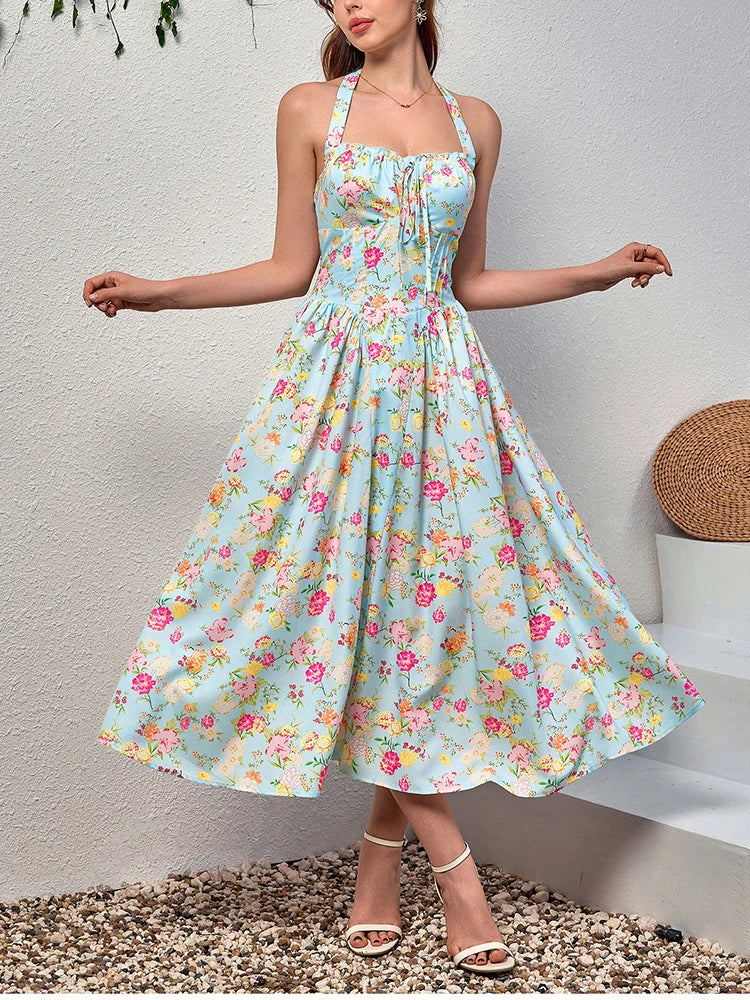 Floral Halter Midi Dress With Spaghetti Straps, Backless Corset Waist Tie Up Detail