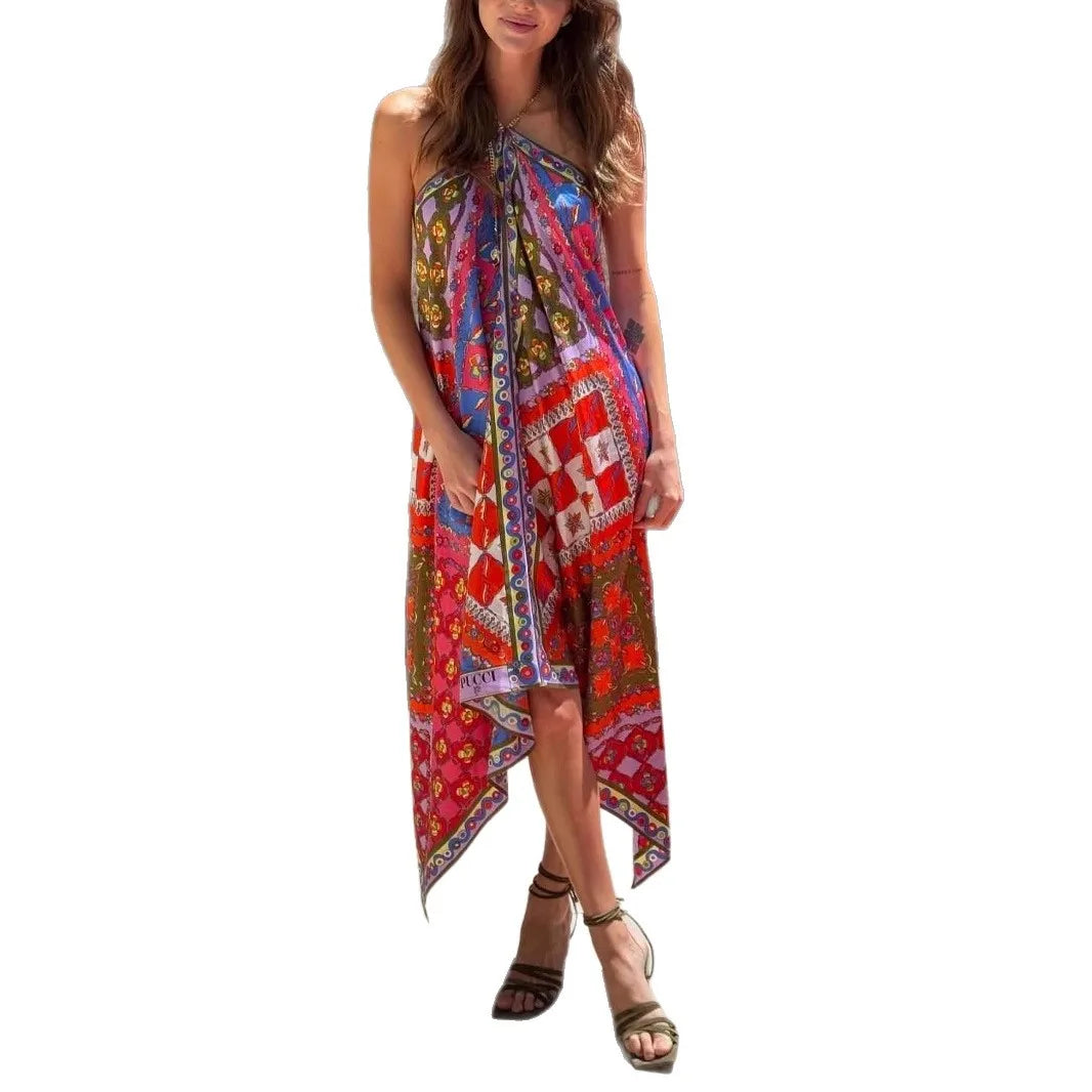 Dreamy Boho Breeze Satin Halter Neck Maxi Dress