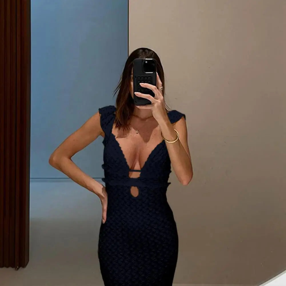 Knit Dress With Backless Hollow Out Lace Up Solid A Line Sleeveless