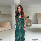 Boho Floral Halter Maxi Dress With Cutout And Tiered Ruffles Sleeveless